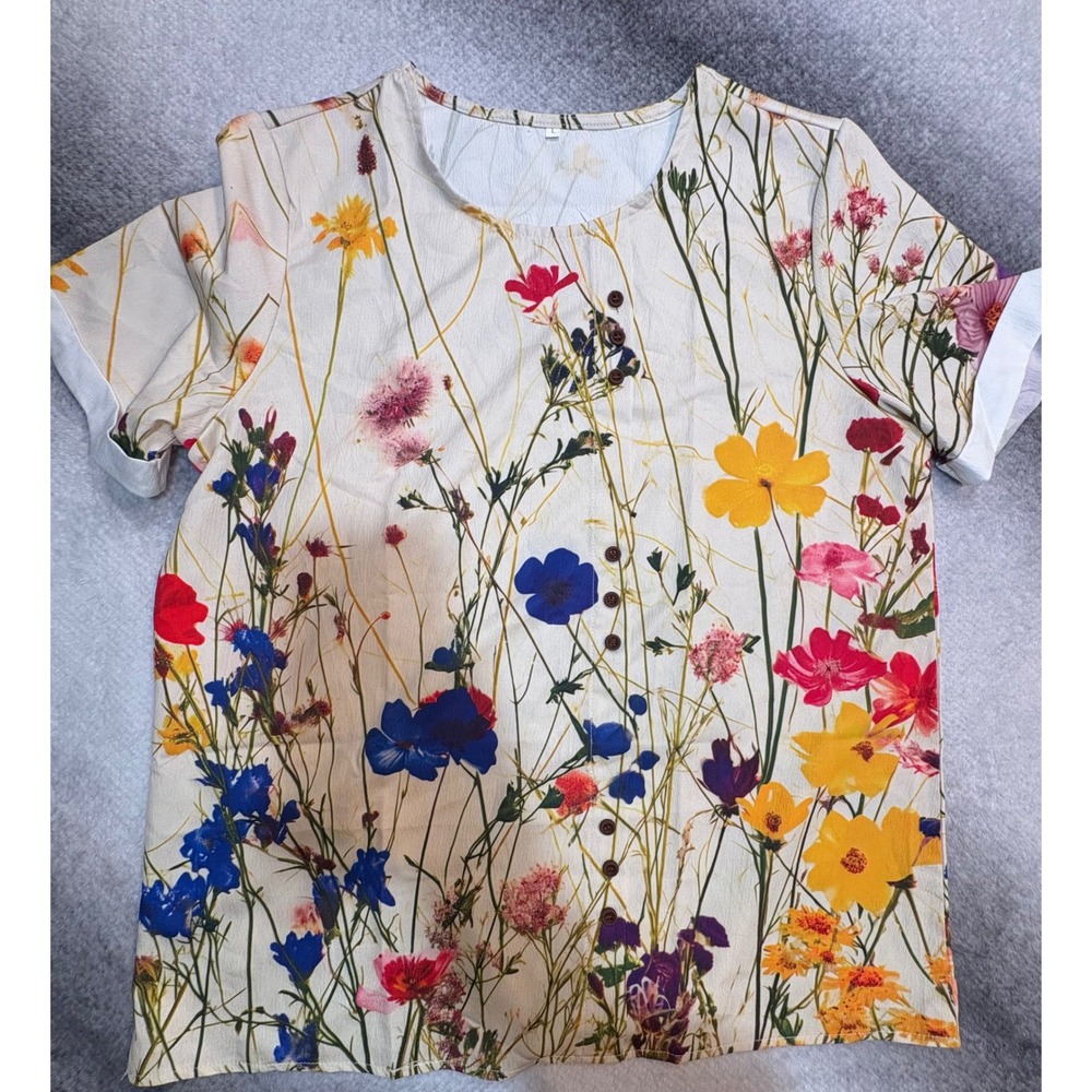 (A4) Floral Wildflower‎ Print Short Sleeve Blouse Cream Botanical Button Top L